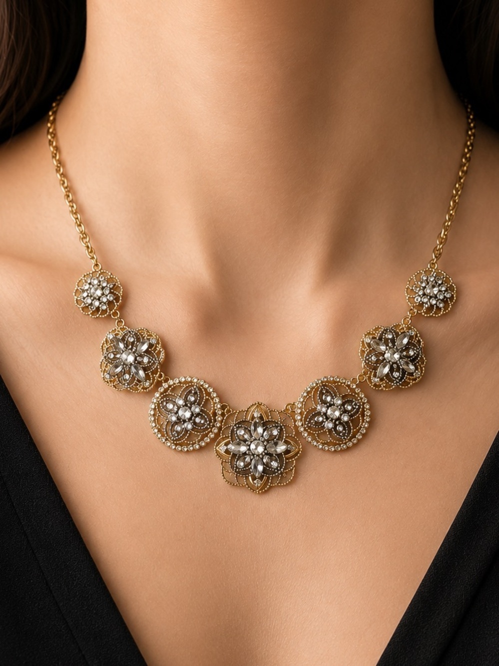 Gold Floral Medallion Necklace with Pearl Accents